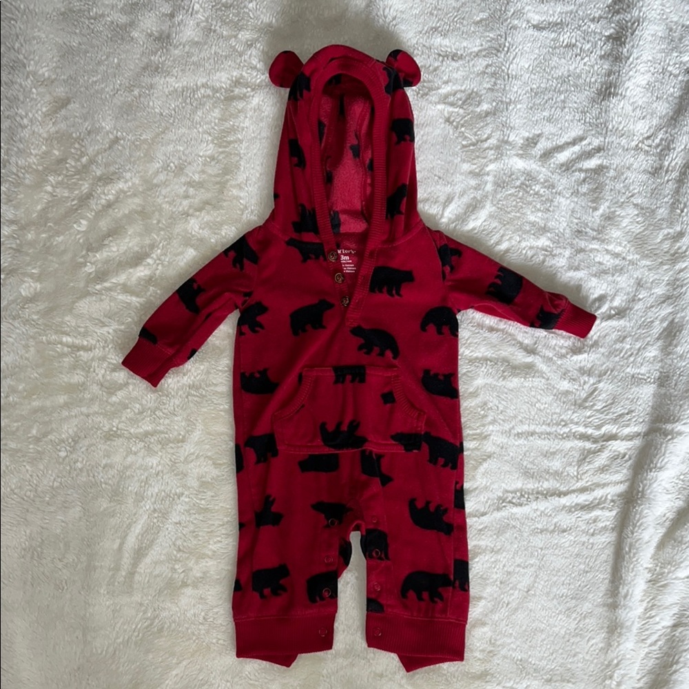 Carter’s Red Bear Print Hooded Baby Romper 3 month